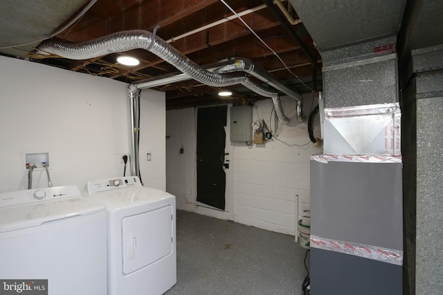 1932 Inverton Rd, Baltimore, MD 21222 - laundry room with separate washer and dryer, electric panel, concrete block wall, and heating unit