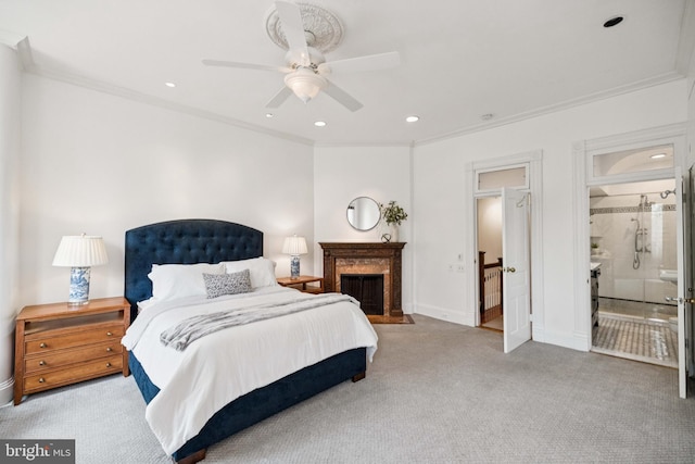 1827 Phelps Pl NW, Washington, DC 20008 - carpeted bedroom with ornamental molding, baseboards, a premium fireplace, recessed lighting, and ceiling fan
