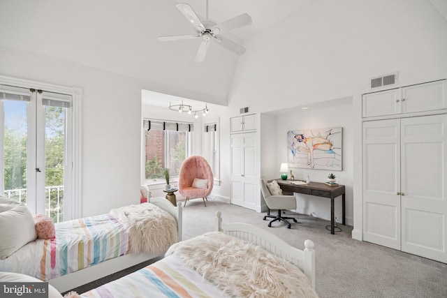 1827 Phelps Pl NW, Washington, DC 20008 - bedroom featuring carpet flooring, access to exterior, high vaulted ceiling, a chandelier, and baseboards
