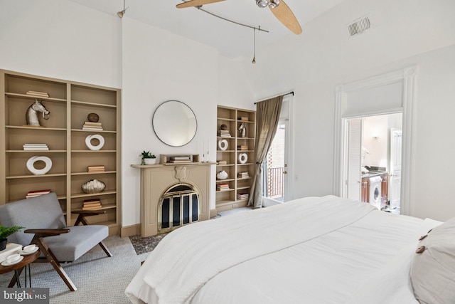 1827 Phelps Pl NW, Washington, DC 20008 - bedroom with carpet flooring, a glass covered fireplace, high vaulted ceiling, and a ceiling fan
