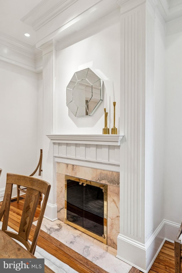 1827 Phelps Pl NW, Washington, DC 20008 - detailed view of a high end fireplace, wood finished floors, crown molding, baseboards, and recessed lighting