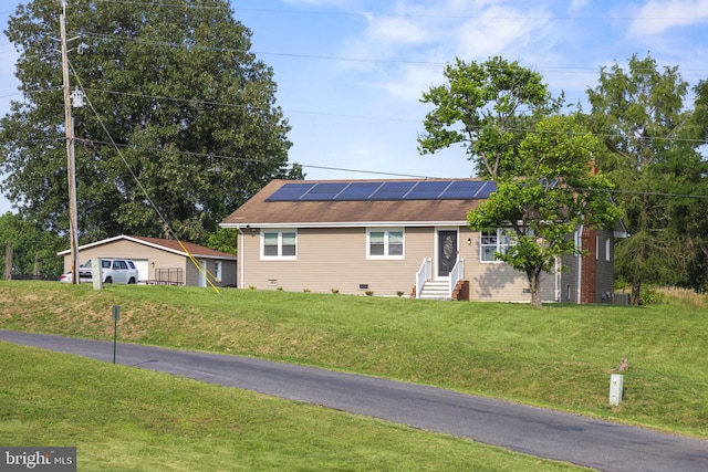 23170 Longview Blvd, Bushwood, MD 20618 - single story home featuring entry steps, solar panels, a detached garage, a front lawn, and crawl space