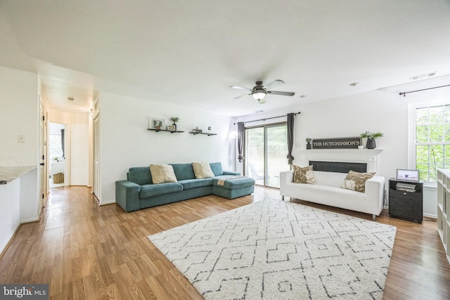 315 Coventry Ct, Mantua, NJ 08051 - living area with light wood finished floors, ceiling fan, and a fireplace
