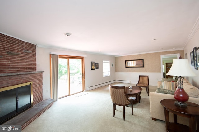 36 Algonquin Rd, Cambridge, MD 21613 - carpeted living room with a baseboard radiator, a brick fireplace, and crown molding