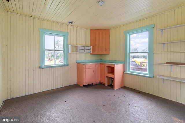 28 Laudermilch Rd, Halifax, PA 17032 - kitchen featuring open shelves, wood walls, and light carpet