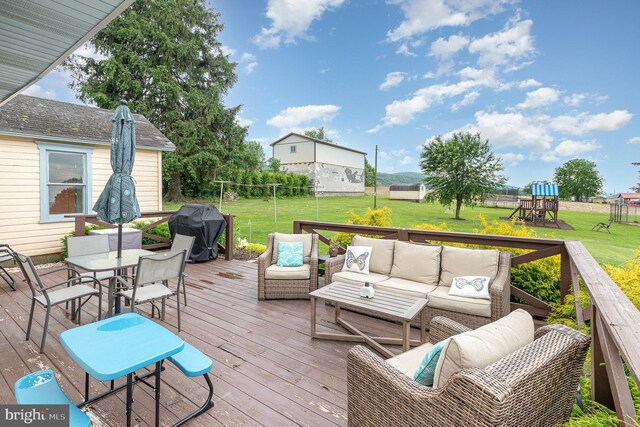 28 Laudermilch Rd, Halifax, PA 17032 - wooden terrace with outdoor lounge area, area for grilling, outdoor dining area, and a playground