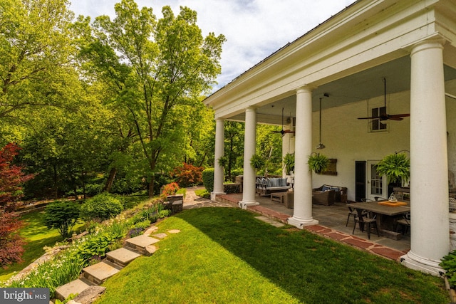 11 Conshohocken State Rd, Gladwyne, PA 19035 - view of green lawn featuring a ceiling fan, outdoor lounge area, and a patio