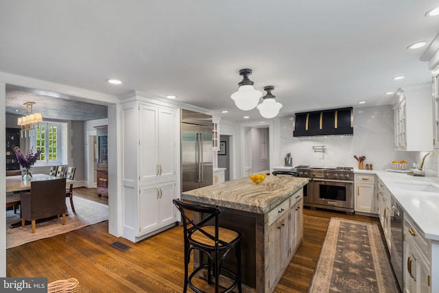 11 Conshohocken State Rd, Gladwyne, PA 19035 - kitchen with premium appliances, a chandelier, dark wood-style flooring, a sink, and white cabinetry