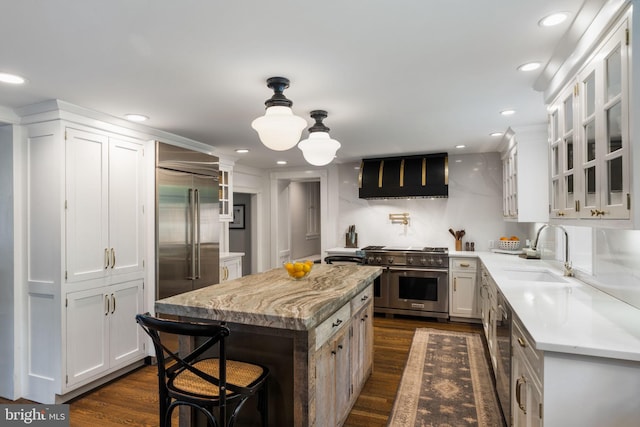 11 Conshohocken State Rd, Gladwyne, PA 19035 - kitchen with high quality appliances, dark wood finished floors, a sink, white cabinets, and recessed lighting
