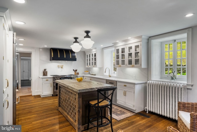 11 Conshohocken State Rd, Gladwyne, PA 19035 - kitchen with radiator, appliances with stainless steel finishes, exhaust hood, dark wood-type flooring, and recessed lighting