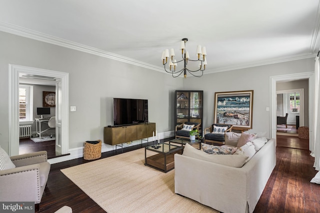 11 Conshohocken State Rd, Gladwyne, PA 19035 - living area featuring a chandelier, ornamental molding, healthy amount of natural light, radiator, and wood finished floors