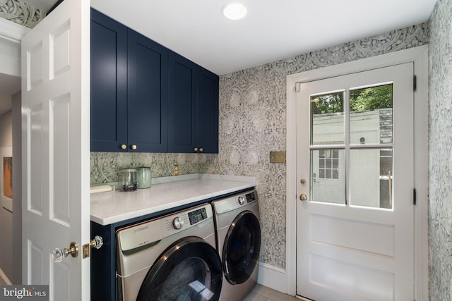 11 Conshohocken State Rd, Gladwyne, PA 19035 - laundry room featuring cabinet space, wallpapered walls, washer and clothes dryer, and tile patterned flooring
