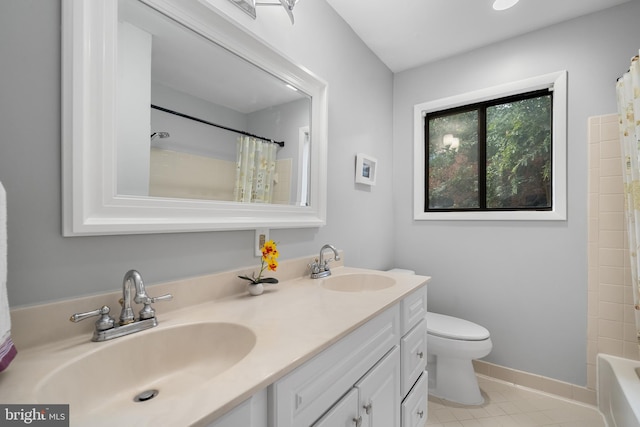 2702 Dartmouth Rd Unit 3, Alexandria, VA 22314 - bathroom with toilet, double vanity, tile patterned flooring, and shower / tub combo with curtain