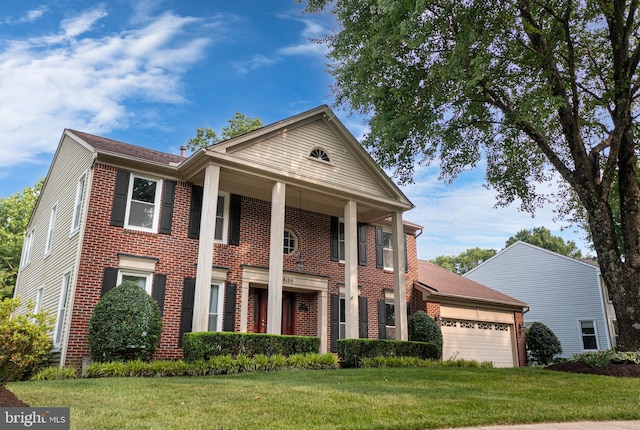 8105 Overlake Ct, Fairfax Station, VA 22039 - neoclassical / greek revival house with a front lawn, brick siding, and an attached garage