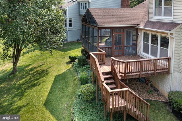 8105 Overlake Ct, Fairfax Station, VA 22039 - view of grassy yard featuring a sunroom, a wooden deck, and stairs