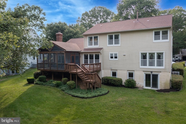8105 Overlake Ct, Fairfax Station, VA 22039 - back of property featuring a sunroom, a chimney, a lawn, stairway, and a deck