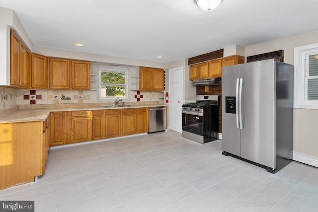 16 Woodside Ln, Keansburg, NJ 07734 - kitchen with appliances with stainless steel finishes, under cabinet range hood, a sink, light countertops, and backsplash