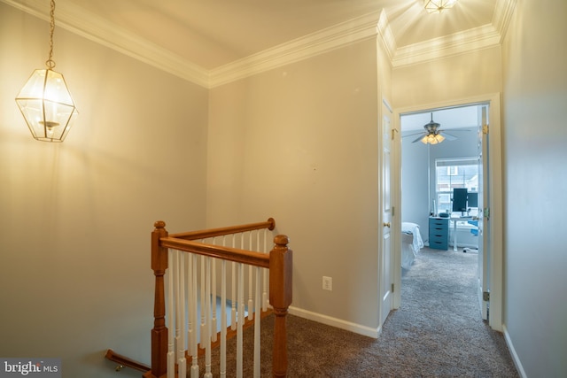 20468 Alicent Ter, Ashburn, VA 20147 - corridor featuring an upstairs landing, carpet flooring, ornamental molding, and an office area