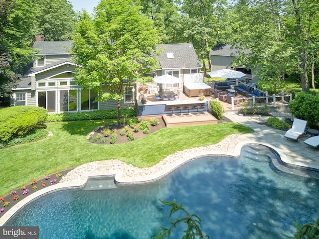 2395 Valley Rd, Jamison, PA 18929 - rear view of property featuring a wooden deck, a yard, outdoor dining area, and a chimney