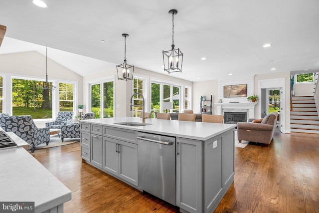 904 Misty Manor Ln, Millersville, MD 21108 - kitchen featuring gray cabinets, stainless steel dishwasher, light countertops, recessed lighting, and lofted ceiling