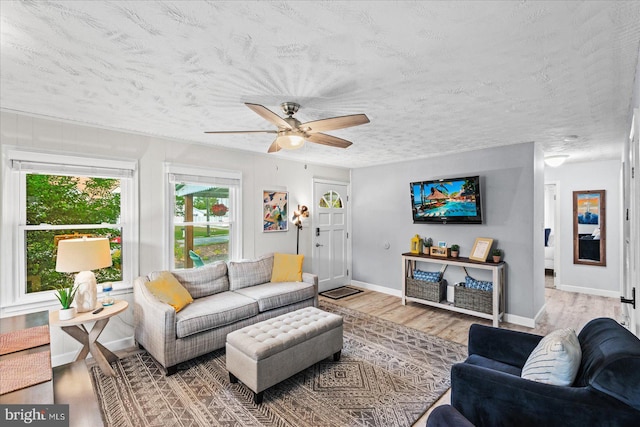412 Marshall Ave, Colonial Beach, VA 22443 - living area featuring wood finished floors, a ceiling fan, baseboards, and a textured ceiling