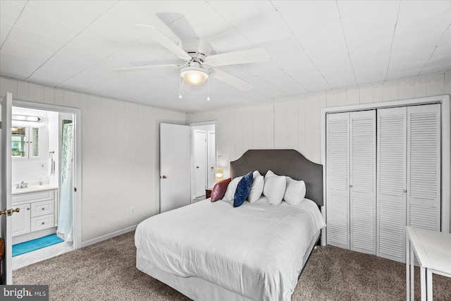 412 Marshall Ave, Colonial Beach, VA 22443 - carpeted bedroom with a closet, a sink, ensuite bathroom, and a ceiling fan