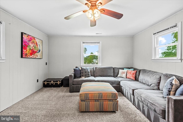 412 Marshall Ave, Colonial Beach, VA 22443 - living area with plenty of natural light, a ceiling fan, carpet floors, and wood walls