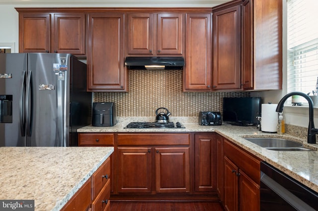 2652 Academic Ct, Waldorf, MD 20603 - kitchen with stainless steel fridge with ice dispenser, under cabinet range hood, black dishwasher, a sink, and decorative backsplash