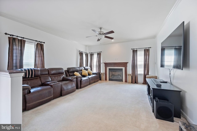 2652 Academic Ct, Waldorf, MD 20603 - living area featuring carpet flooring, ornamental molding, a ceiling fan, and a fireplace