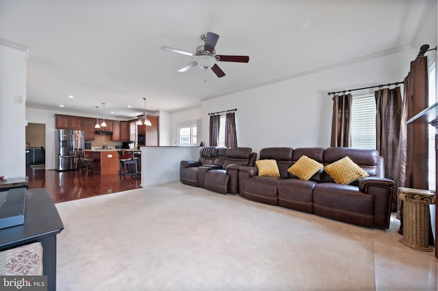 2652 Academic Ct, Waldorf, MD 20603 - living room with ceiling fan, dark colored carpet, recessed lighting, and ornamental molding
