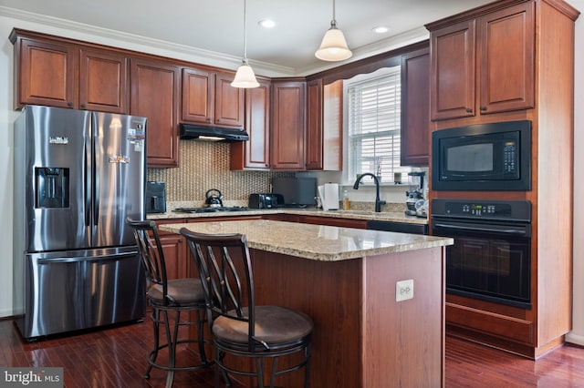 2652 Academic Ct, Waldorf, MD 20603 - kitchen with black appliances, a sink, a center island, dark wood-style flooring, and under cabinet range hood
