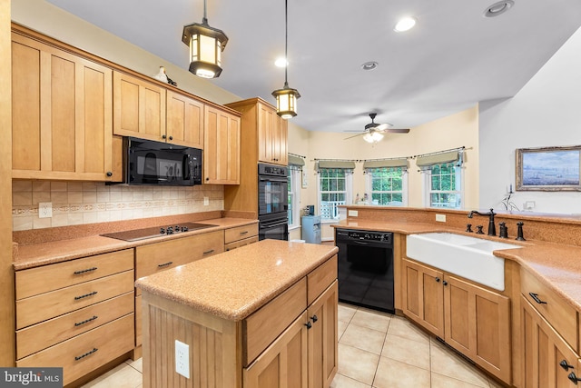240 Charleston Rd, Ocean Pines, MD 21811 - kitchen featuring black appliances, light brown cabinetry, tasteful backsplash, ceiling fan, and recessed lighting
