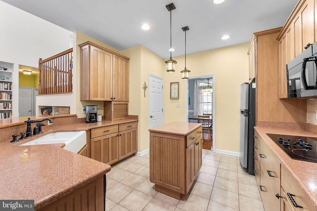 240 Charleston Rd, Ocean Pines, MD 21811 - kitchen featuring black appliances, a center island, hanging light fixtures, light brown cabinetry, and light tile patterned flooring