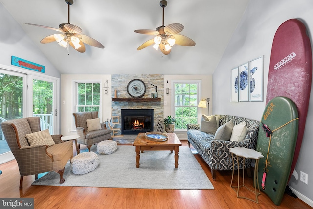 240 Charleston Rd, Ocean Pines, MD 21811 - living area featuring healthy amount of natural light, a ceiling fan, wood finished floors, and high vaulted ceiling