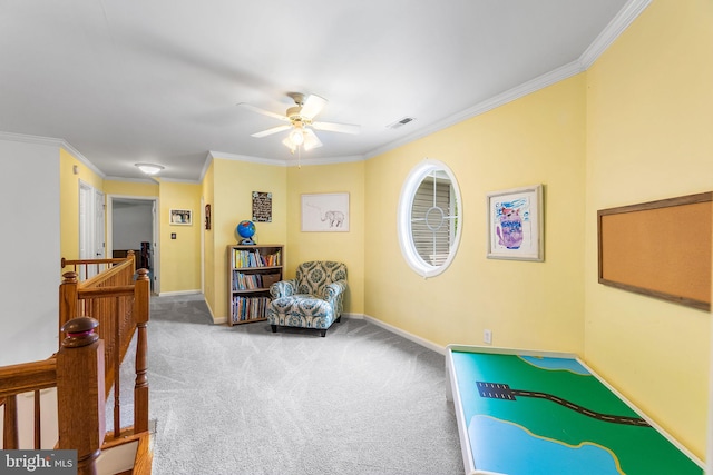 240 Charleston Rd, Ocean Pines, MD 21811 - living area featuring an upstairs landing, ornamental molding, carpet floors, and ceiling fan