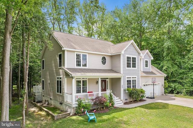240 Charleston Rd, Ocean Pines, MD 21811 - view of front of house with covered porch, concrete driveway, a front lawn, a shingled roof, and crawl space