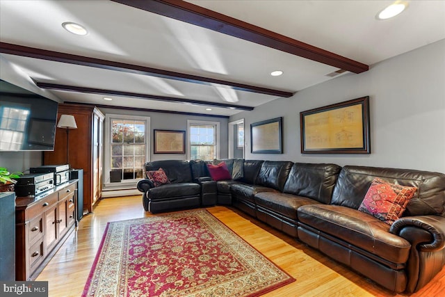 601 Crum Creek Rd, Media, PA 19063 - living room with beamed ceiling, light wood finished floors, recessed lighting, and a baseboard heating unit