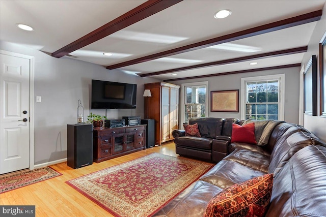 601 Crum Creek Rd, Media, PA 19063 - living area featuring beamed ceiling, light wood finished floors, recessed lighting, and baseboards