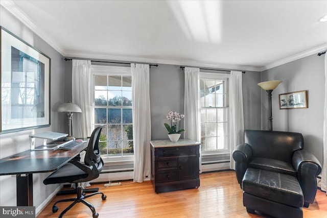 601 Crum Creek Rd, Media, PA 19063 - home office with a baseboard heating unit, light wood-style flooring, and ornamental molding
