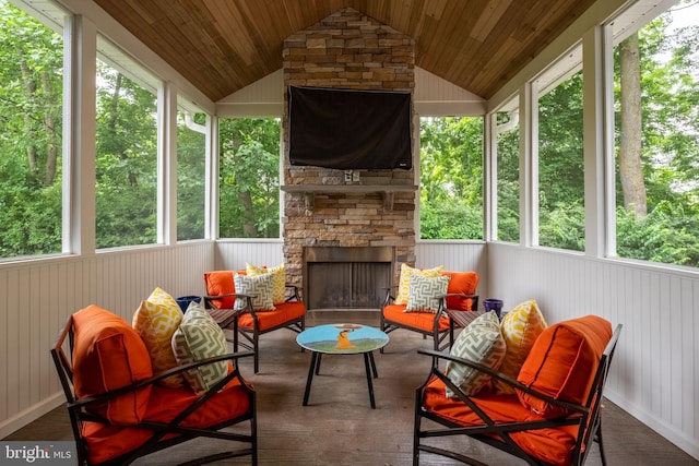 415 Pyles Mountain Ln, Avondale, PA 19311 - sunroom / solarium featuring vaulted ceiling and an outdoor living space with a fireplace