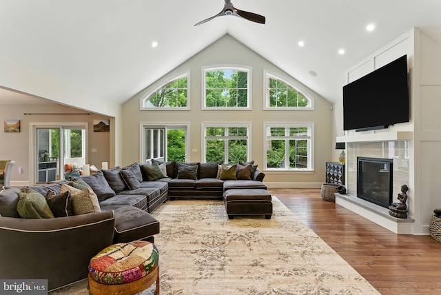 415 Pyles Mountain Ln, Avondale, PA 19311 - living room with ceiling fan, wood finished floors, healthy amount of natural light, a glass covered fireplace, and recessed lighting