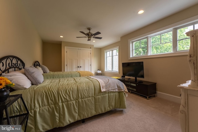 415 Pyles Mountain Ln, Avondale, PA 19311 - bedroom featuring light carpet, recessed lighting, a closet, and a ceiling fan