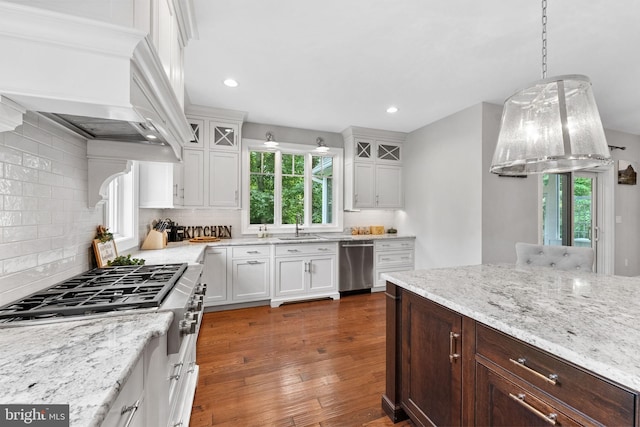 415 Pyles Mountain Ln, Avondale, PA 19311 - kitchen featuring appliances with stainless steel finishes, healthy amount of natural light, white cabinets, glass insert cabinets, and recessed lighting