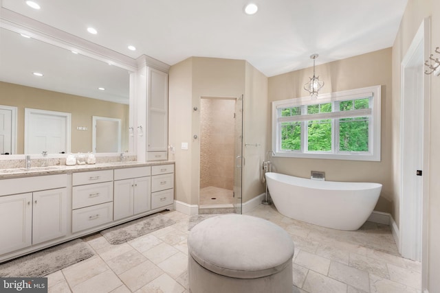 415 Pyles Mountain Ln, Avondale, PA 19311 - full bath featuring double vanity, a stall shower, a freestanding tub, recessed lighting, and stone tile floors