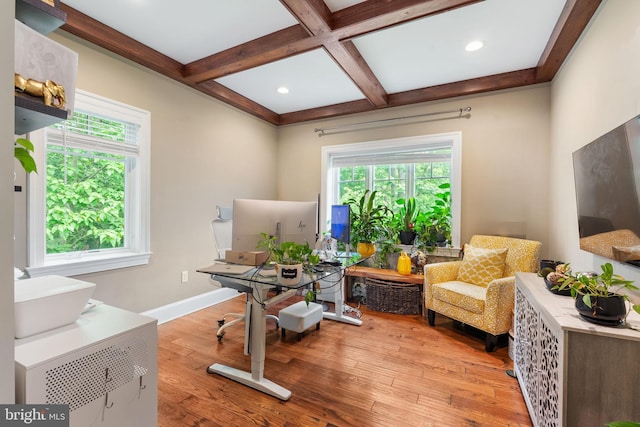 415 Pyles Mountain Ln, Avondale, PA 19311 - office area with plenty of natural light, light wood finished floors, beamed ceiling, coffered ceiling, and recessed lighting