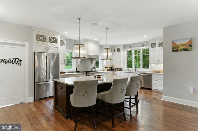 415 Pyles Mountain Ln, Avondale, PA 19311 - kitchen with appliances with stainless steel finishes, a center island, white cabinetry, dark wood-style flooring, and recessed lighting