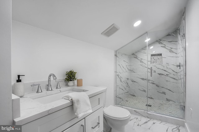 504 Kingsley Rd SW, Vienna, VA 22180 - bathroom with marble look tiles, recessed lighting, a marble finish shower, and vanity