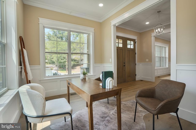 504 Kingsley Rd SW, Vienna, VA 22180 - office area with plenty of natural light, wainscoting, wood finished floors, crown molding, and a decorative wall
