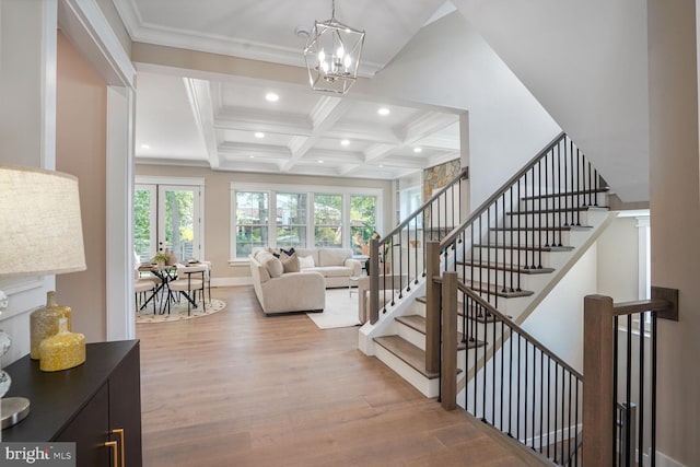 504 Kingsley Rd SW, Vienna, VA 22180 - stairway with wood finished floors, coffered ceiling, recessed lighting, beam ceiling, and crown molding