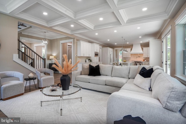 504 Kingsley Rd SW, Vienna, VA 22180 - living area with coffered ceiling, recessed lighting, beam ceiling, crown molding, and stairs